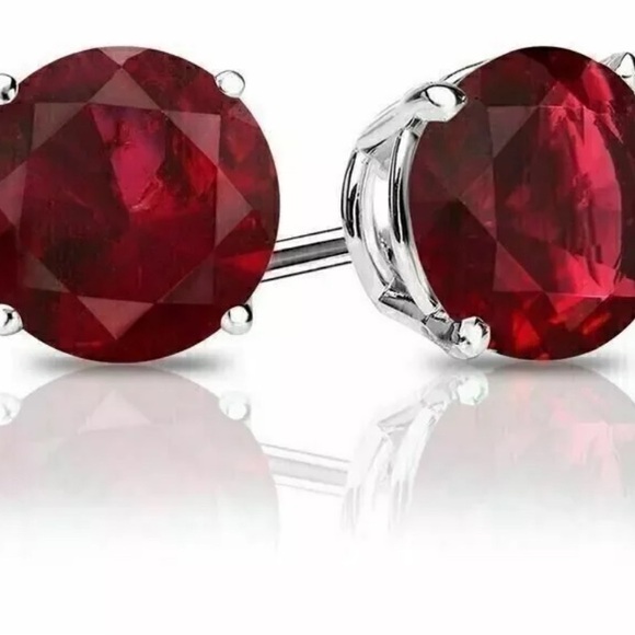 4 CT LAB CREATED RED RUBY STUD EARRINGS 14K WHITE GOLD ROUND CUT 7MM PUSH BACK - Picture 7 of 7
